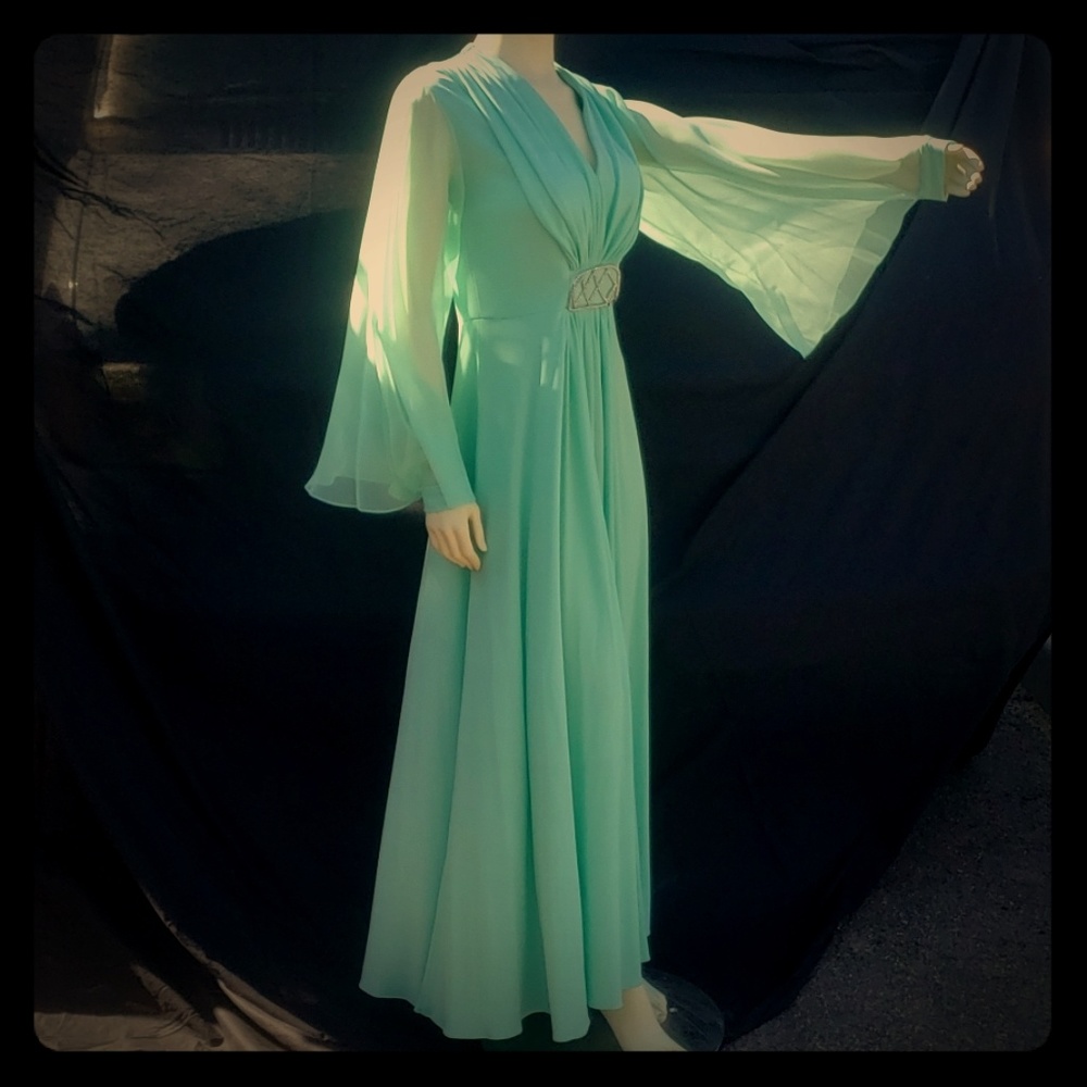 Vtg Bat Wing Sheer Long Maxi Evening Formal Gown Size 12 Large